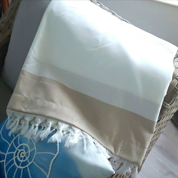 Coastal beige and white striped shower curtain with fringe - Picture 7 of 7